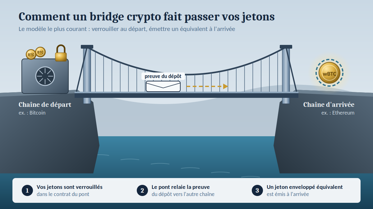 Schéma du fonctionnement d'un bridge crypto : jetons verrouillés puis jeton enveloppé émis